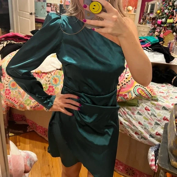 These Three Boutique Green Satin Dress | One shoulder satin dress - Picture 4 of 10